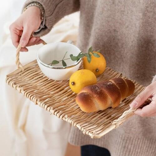 Woven Rattan Round Tray Attached to the handle Round Bread Fruit Food Storage Platters Plate for Coffee Breakfast Drink Snack