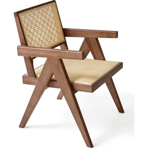 Popular restaurant home furniture solid wood natural rattan cane dining arm chair