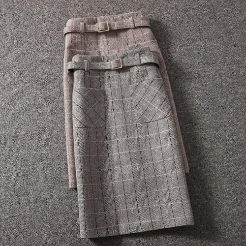 High Waist Korean woolen Skirt For Autumn Winter New Tweed Split Buttock Skirt Plaid Skirt Women