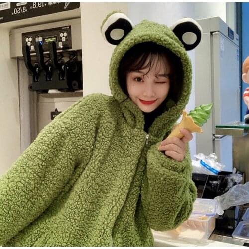 Cute Women Hoodie 2020 Winter Fructose Color Loose Hoodies Sweatshirts Thick Lamb Wool Mid-length Hoodies Frog Zipper Clothes
