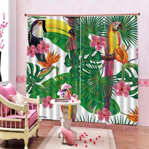 Flowers Blackout Curtains Green Leaves Curtain for Bedroom Tropical Plants Window Curtains