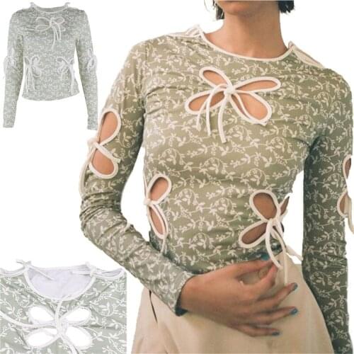 Womens T-shirt Round Neck Breathable Hollow Out Bowknot Lace-Up Slim Floral Tops For Dating Party Vacation Travelling