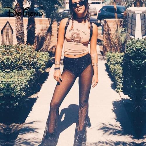 Dotrend High Waist Sexy Wide Leg Pants Women Summer Streetwear See Through Flare Pants Trousers Women Beach Casual Lace Pants