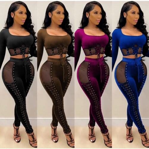 Women Clothing Lace Up Bandage Two Piece Set Sexy Party Club Birthday Outfits for Women Crop Top Tight Pants Bodycon 2 Piece Set
