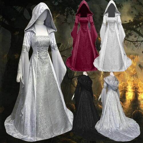 Cosplay Simple Medieval Style Corset Romantic Fantasy Vintage Wedding Dress Beautiful Ladies Solid Color Long Sleeved Hooded
