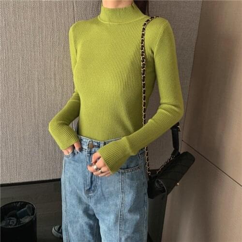 New-Coming Autumn Winter Tops Solid Turn-Down Collar Pullovers Female Half high collar Knitted High Street Women Sweater Female