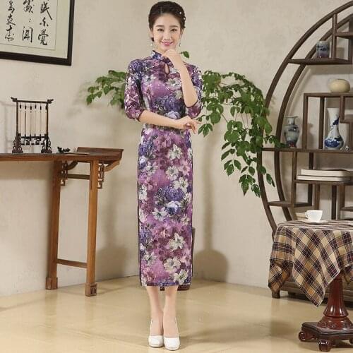 Five Point Sleeve Women Chinese Long Cheongsam Velet Lady Elegant Chinese Traditional Dress Female Chi-Pao Party Dress 89