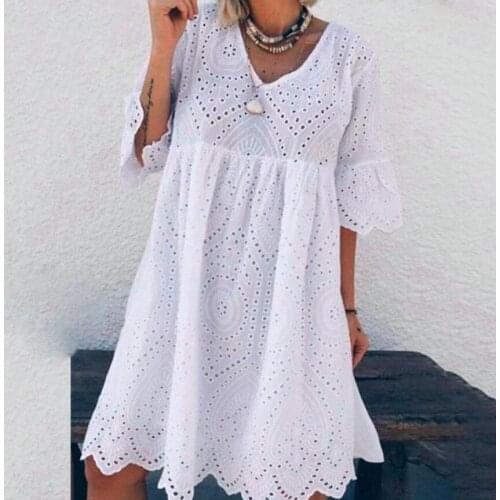 Women crochet hollow dress White pink green short sleeve shift dress 2021 vestido midi Casual summer plus size dresses