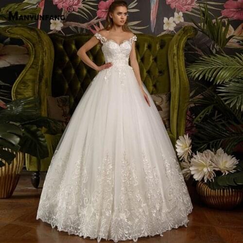 2021 Hot Sale Illusion O-Neck Embroidery Appliques Tulle Bridal Ball Gown Elegant Cap Sleeve Lace Up Sweep Train Wedding Dress