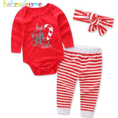 3PCS/3-24Months/Christmas Baby Outfit Newborn Girls Clothes 100% Cotton Cute Bodysuit+Pants+Headband Infant Clothing Sets BC1403
