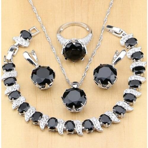 925 Sterling Silver Jewelry Black Zircon Stones White CZ Jewelry Sets For Women Earrings/Pendant/Necklace/Rings/Bracelet