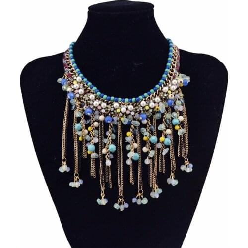 Bohemian Ethnic Multicolor Pearl Crystal Bead Collier Statement Necklace Women Long Tassel Acrylic Beaded Choker Necklace Maxi