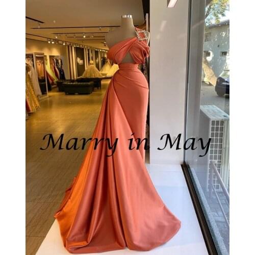 Elegant Coral Satin Mermaid Women Evening Dresses One Shoulder Beaded Plus Size Formal Prom Afrabic Party Gowns