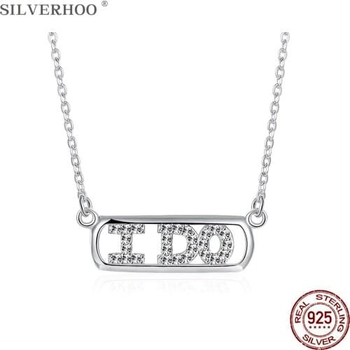 SILVERHOO 925 Sterling Silver Women Necklace Letter Shiny Cubic Zirconia Geometry Pendant Necklaces Wedding Engagement Jewelry
