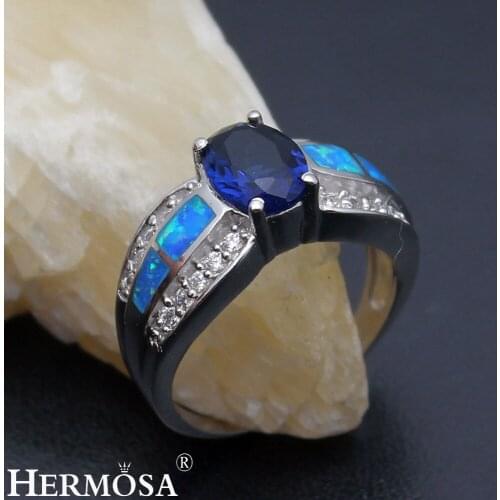 Hermosa Big Promotion Charm Top Quality Natural Australian Opal BlueSapphire Promise Band Ring Size 7 DF72