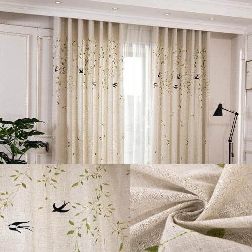 Cotton Linen Semi-blackout Curtains for Living Room Bedroom Natural Fresh Willow Branches and Swallow Embroidery Flax Cortinas