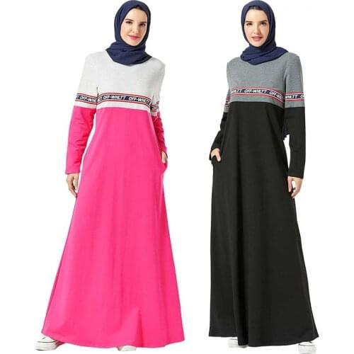 Islamic Clothing Tracksuit Long Dress Women Muslim Abaya Middle East Printed Jogging Maxi Dress Sports Walk Wear Side Pockets