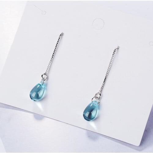 Creative 925 Sterling Silver Artificial Blue Crystal Water Drop Earrings For Women Jewelry Box Chain Long Tassel Drop Earrings
