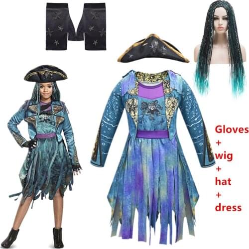 Hot Descendants 3 Mal&Uma Ursula Daughter Braids Long Green Black Dreadlocks kids Cosplay Wig+dress halloween costume for kids
