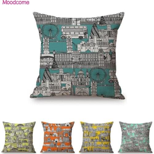 Toile de Jouy New York London Paris Blue Yellow Green Orange Fashion Pattern Sofa Throw Pillow Case Cotton Linen Cushion Cover