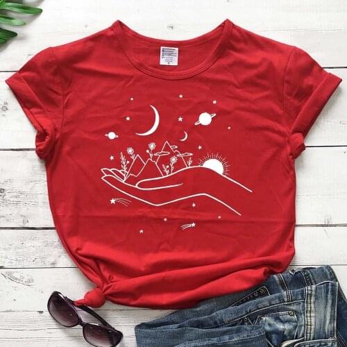 Moon graphic hand cute kawaii t shirt girl hipster cotton casual young grunge tumblr art tees vintage travel night art tops L664