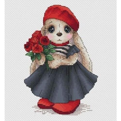 Bunny holding a bouquet of red roses Embroidery Cross Stitch Kit Patterns Needlework DIY Counted Cross Stitch Kits for