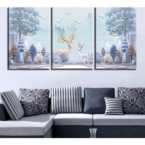 Canvas Pictures Wall Art Living Room Home Decor 3 Pieces Snow Trees Reindeer Paintings HD Prints Abstract Deers Poster Framework