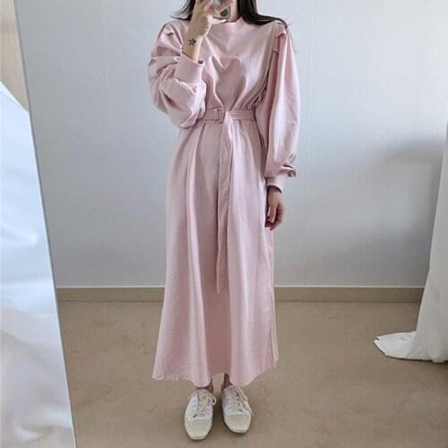 2021 Autumn Fashion Lantern Sleeve Sweatershirt Dress Causal O-neck Lace-up Belt Female Long Dress Cotton Pink Loose Dress