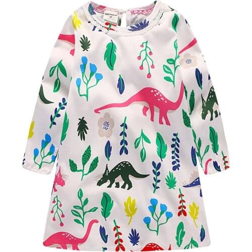 Aew Autumn Spring Girls Cotton Dinosaur Cotton Long-sleeved Childrens Clothing Europe And America Style Baby Princess Dresses