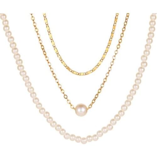 Multi Layer Imitation Pearls Pendant Necklace Gold Color Clavicle Chain Necklace for Women Collar Neck Jewelry Accessories