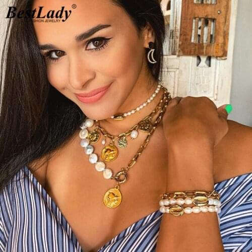 Best Lady Fashion Pearls Link Chain Necklaces Sets for Women Punk Round Gold Color Layer Pendant Necklaces Vintage Jewelry Gifts