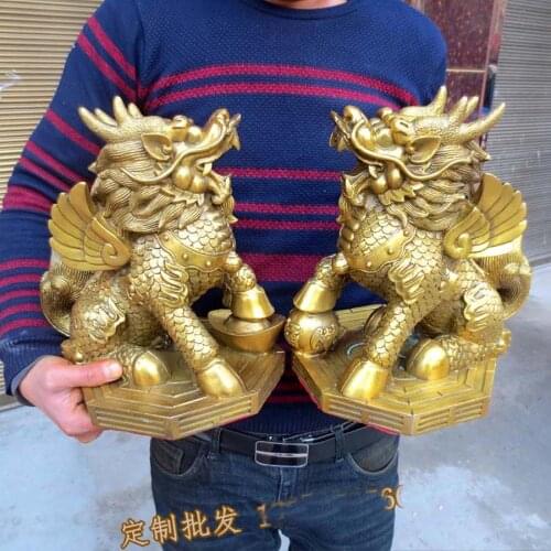 A PAIR 2P HOME SHOP Company Business booming Money Drawing bring good luck exorcise evil spirit Dragon kylin FENG SHUI statue