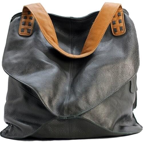 Casual pure leather Womens bag Vintage handbag soft leather large capacity tote bag cowhide contrast Shoulder Messenger Bags