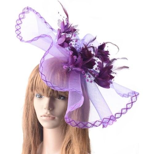 Handmade Super Big Feather Flower Bead Fascinator HaipinWedding Bride Hat Woman Net Gauze Feather Headwear Party Show Headdress