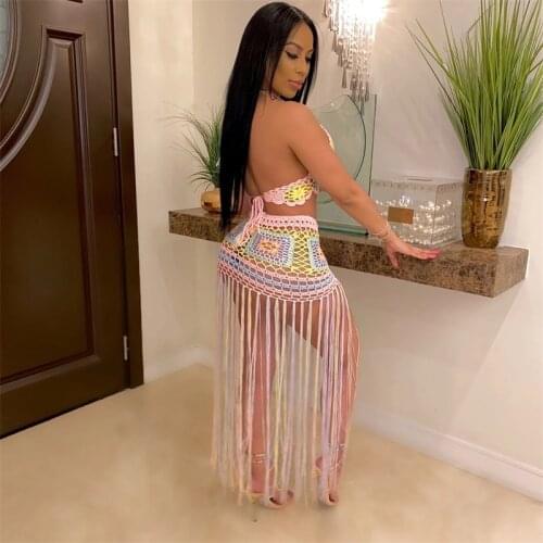 Knit Crochet Cami Top + Tassel Skirt Two Piece Set Summer Sexy Women Fishnet Knitted Two Piece Set Women Sexy See Through Suits