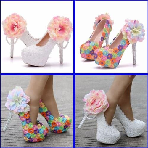 Crystal Queen white Flower Lace Wedding Shoes Lace-Up High Shoes High Heels Platform Shoes Woman Party Dress Shoes Pumps