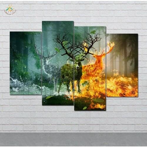 Earth Water and Fire Deers Wall Art Canvas Painting Posters and Prints Decorative Picture Decoration Home For Living Room 4 PIEC