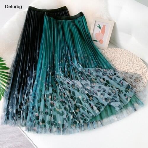 Womens Vintage Gradient 3 Layers Mesh Skirt Female High Waist Leopard Print Pleated A-Line Midi Skirts Faldas 2021 Autumn Sk841