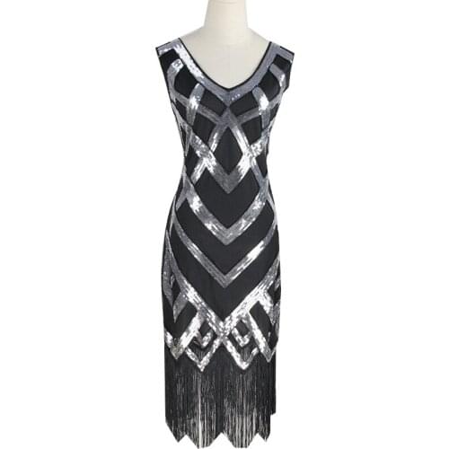 Womens Great Gatsby Flapper Dresses 1920s Sequin Beaded Fringed Dress /Accessories Set xs-xxl(Silver,Gold))