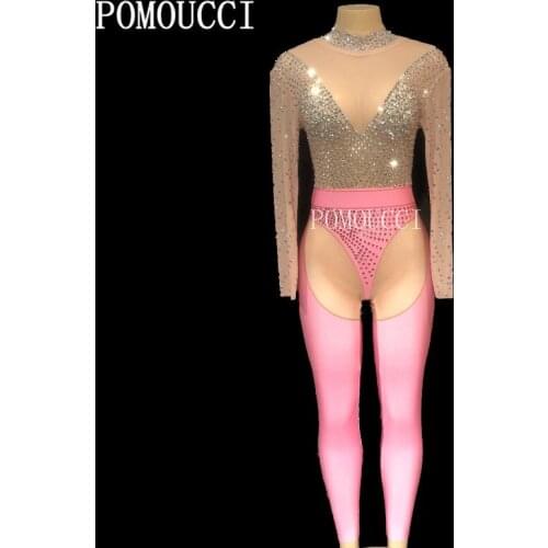 Women New Sparkling Rhinestone Pink Sexy Jumpsuit Singer Leggings Nightclub Party Outfit Stage Dance Stretch Costume Rompers