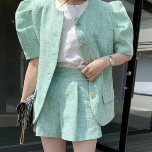 High Quality Korean Elegant Fashion Pants Suits Tweed 2 Piece Set Women Puff Sleeve Jacket Coat + Shorts Set Two Piece Outfits