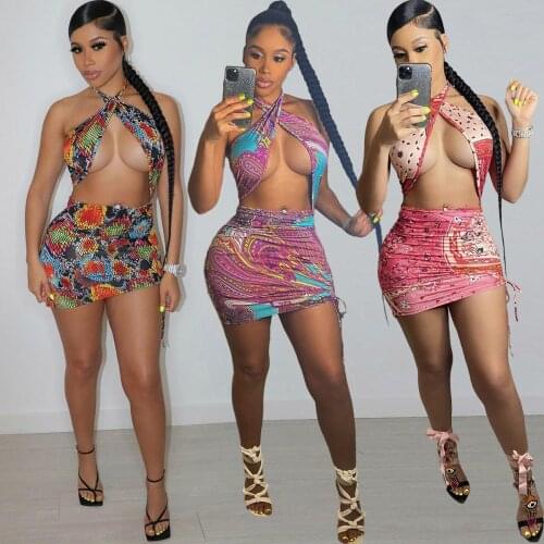 Echoine Vintage Print Wrap Halter Hollow Out Dress Women Skinny Sexy Mini Dresses Summer Beach Swimsuit Bathing Dress swimwear