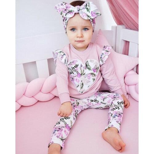 2019 Brand Autumn Newborn Baby Girls Flower 2Pcs Heart Shape Long Sleeve Tops Sweatshirt Leggings Pants Tracksuit Clothes Set