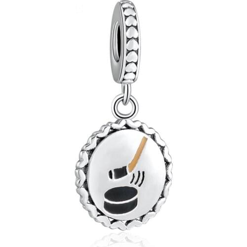 Authentic S925 Silver Mixed Enamel Hockey Pendant Dangle Bead Charm fit Lady Bracelet Bangle DIY Jewelry Making