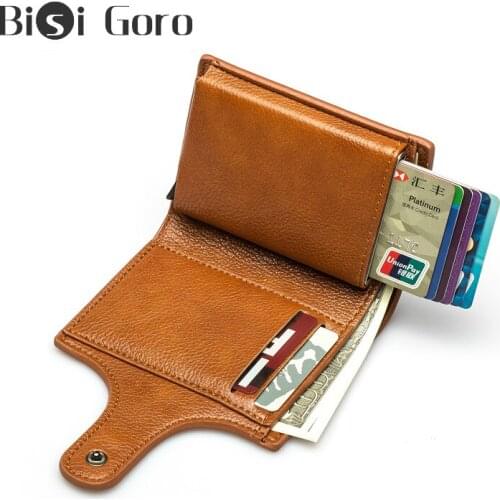 BISI GORO RFID Blocking Button Credit Card Holder Men Vintage Smart Wallets Detachable Aluminum Box Solid ID Card Case Purse