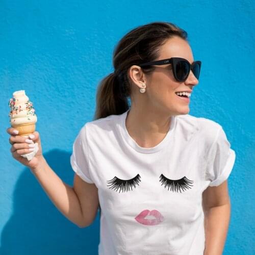 Pretty and Cute Eye Lashes Red Lips Print Women T Shirt Summer Casual Short Sleeve O Neck T-shirt Ladies White TShirt Tops