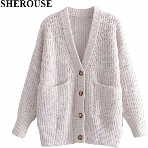 SHEROUESE Women Fashion Knitted Cardigan Casual Single breasted Long Sleeve V-Neck Pockets Vintage Woman Knit Sweater Chic Tops