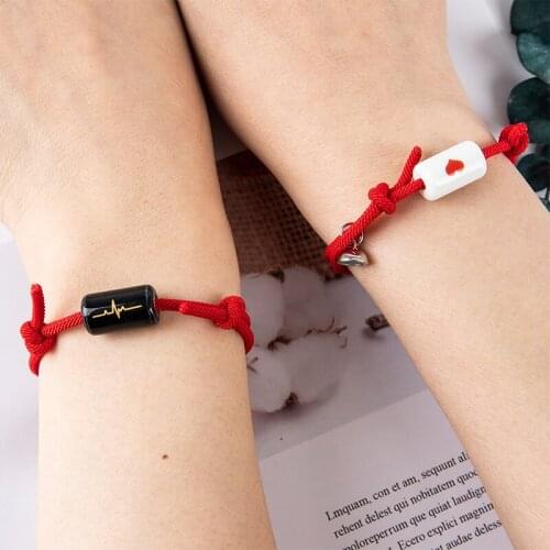 2pcs Heartbeat Ceramic Pendant Bracelet Magnets Attract Lovers Jewelry Gifts Adjustable Rope Bracelets for Women And Men