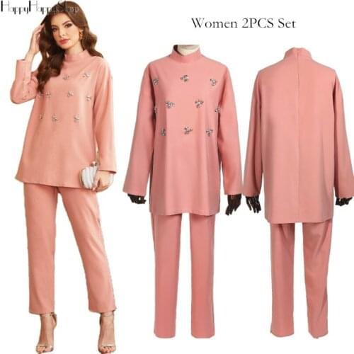2 Pieces Set For Women Muslim Pullovr Tops Long Pants Rhinestone Abaya Suit Malaysia Morocco Party Clothing Modesty Costumes