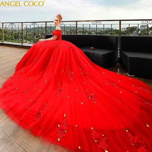 Real Photos Red Big Ball Gown Wedding Dresses 2020 Lace Wedding Gowns Bridal Bride Dress Mariage Vintage Vestido De Casamento